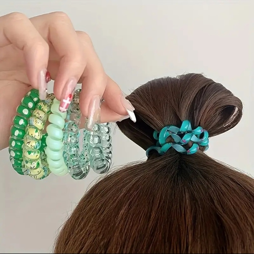 Coil Hair Tie Floral 6 pcs Set Green Spiral Pony Tail Jelly Candy Color